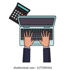 Hand using laptop and calculator
