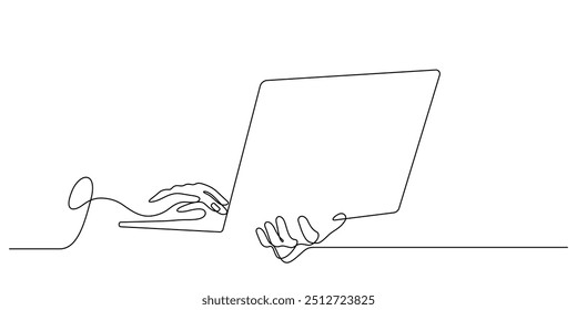 hand using laptop computer online working and communication one line drawing continuous vector minimalist art