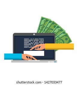 hand using laptop for money transfer online symbol vector illustration graphic design