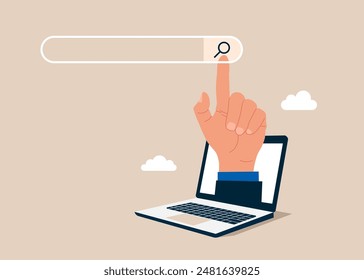 Hand using a laptop to search information, using the search bar function on your website. Flat vector illustration