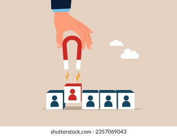 Hand using magnet to magnetize Human resources. Flat vector illustration