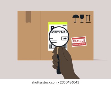 A hand using a magnifying glass to enlarge a delivery label in order to locate a tracking number, representing a courier service