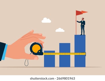 Hand using measuring tape to measure bar graph. Business concept a ladder Corporate of success. Business people employee climb ladder to next level. Flat vector illustration