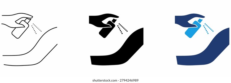 Hand Using Medical Spray on Injury Icon Pack. First Aid Aerosol, Skin Disinfection, Topical Anesthetic, and Healthcare Treatment Vector Symbols