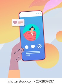 hand using mobile app for online dating with female profile on smartphone screen social media virtual relationship