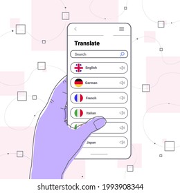 hand using mobile translation application multilingual greeting international communication online dictionary