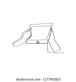 hand using modern mobile phone in continuous line drawing style, thin linear vector illustration