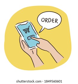 Mano usando pedido en línea con smartphone; vector de dibujos animados