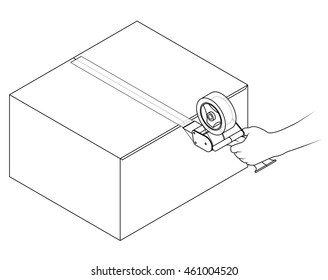 Hand using a packing tape role dispenser to apply tape horizontally across a carton.