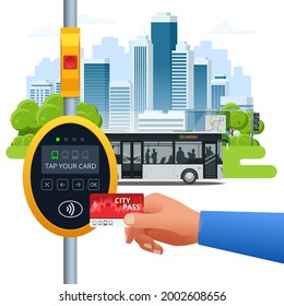 Hand using paper smart card ticket to pay money for transportation at payment kiosk stand. E-ticket paper for traveler. Yellow validator