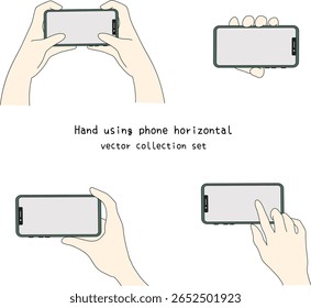 Hand using phone horizontal view pose. Gesture of hand holding smartphone in vector illustration doodle cartoon style for icon, asset, design, material, mock up