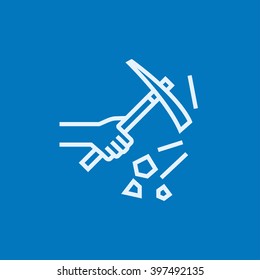 Hand using pickax line icon.