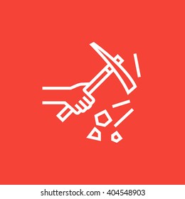 Hand using pickax line icon.