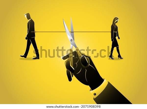 Hand using scissors to cut\
rope to rip apart couple, troubles man and woman with sadness\
emotion