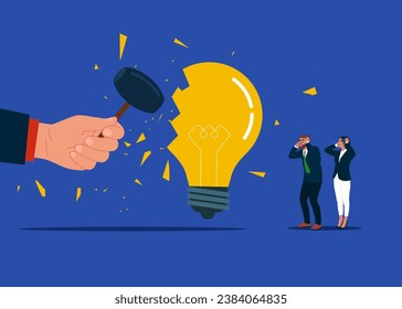 Hand using sledgehammer and breaks light bulb . Vector illustration.