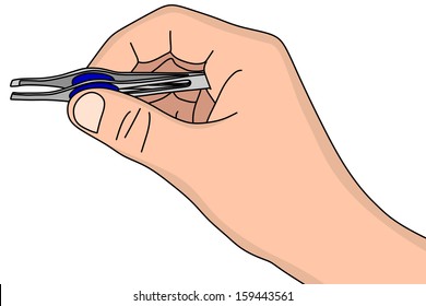 hand using a small tweezers isolated on a white background, vector illustration