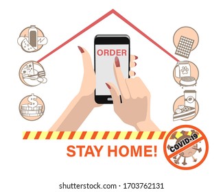 Hand Using Smart Home Control System On Tablet Computer House Monitoring Automation Concept Vector Illustratio