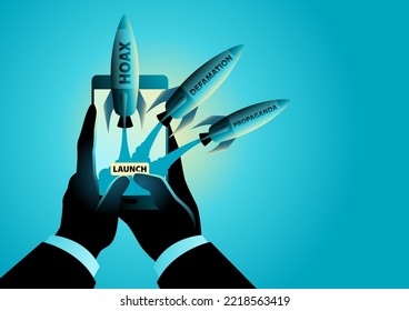 Hand using a smart phone to launch rockets that read hoax, defamation and propaganda, proxy war concept, digital and social media war, vector illustration