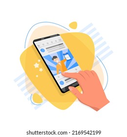 Hand using smart phone, online education concept, flat design vector illustration