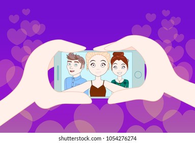 Hand mit Smartphone zu nehmen Selfie der Gruppe junger Menschen glücklich lächelnd lächelnd