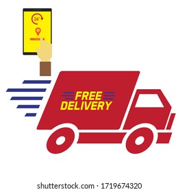 usando smartphone con entrega de aplicaciones. señal de entrega gratuita. ilustración vectorial 
