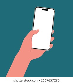 Una mano usando un teléfono inteligente con pantalla en blanco aislado en el fondo Ilustración vectorial plana.