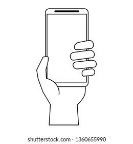 hand using smartphone cartoon in black and white