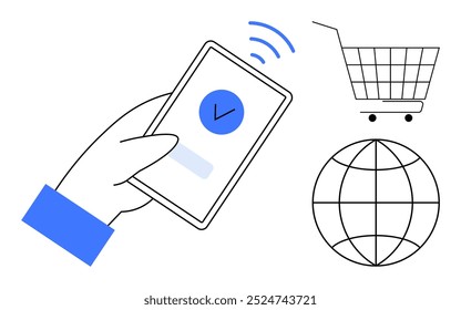 A hand using a smartphone with a checkmark, a shopping cart, and a globe. Ideal for mobile payments, online shopping, global e-commerce, digital transactions, internet connectivity. Minimalist vector