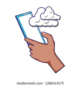 hand using smartphone with clouds
