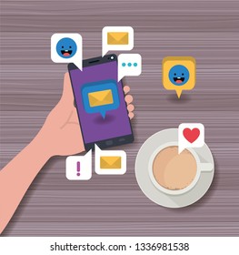 hand using smartphone with coffee cup and social icons