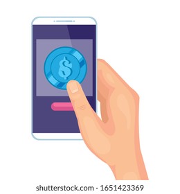 hand using smartphone with coin isolated icon vector illustration design