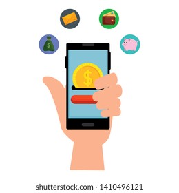 hand using smartphone with coin money and ecommerce icons