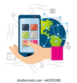 hand using smartphone connected internet around the world