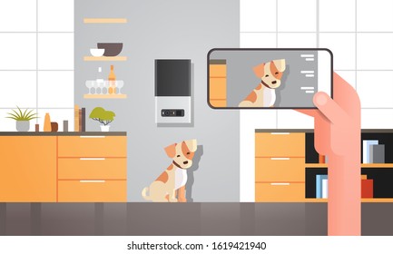 hand using smartphone controlling automatic digital pet dry food storage ai meal feeder dispenser concept smart animal feed online mobile app modern living room interior horizontal vector illustration