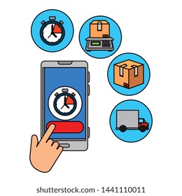 hand using smartphone with delivery app and icons