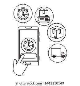 hand using smartphone with delivery app and icons