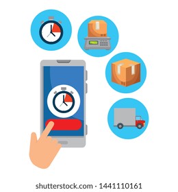 hand using smartphone with delivery app and icons