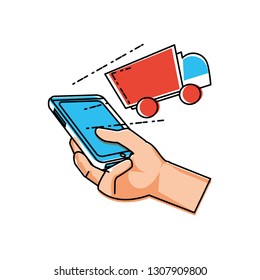 hand using smartphone with delivery truck