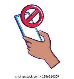 hand using smartphone with denied symbol