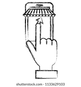 hand using smartphone device with parasol