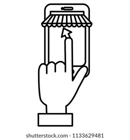 hand using smartphone device with parasol