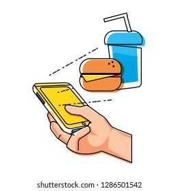 hand using smartphone with fast food