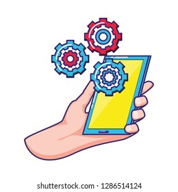 hand using smartphone with gear settings