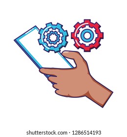 hand using smartphone with gear settings