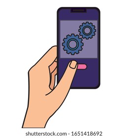 hand using smartphone and gears isolated icon vector illustration design
