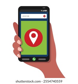 Hand using smartphone with location icon on white background