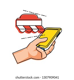 hand using smartphone with market tent