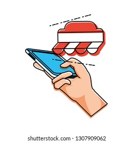 hand using smartphone with market tent