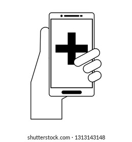 hand using smartphone medical app black and white