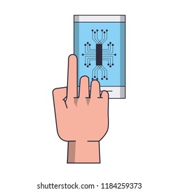 Hand using smartphone with microchip